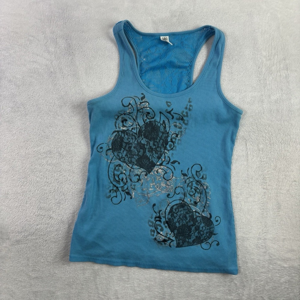 Y2K H Blue Sleeveless Tank Top Graphic Ribbed Shirt Women's XL